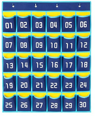 TOWEBOORY Nummerierte Aufbewahrungstasche für Klassenzimmer, 30 Nummerierte Taschen Klassenzimmer Handy-Taschen Aufhängen Pocket Organizer mit 4 Haken, für Handys Und Taschenrechner (Dunkelblau)