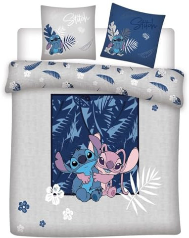 Parure da letto Stitch & Angel 2 persone, copripiumino reversibile 240 x 220 cm + 2 federe 65 x 65 cm, in policotone