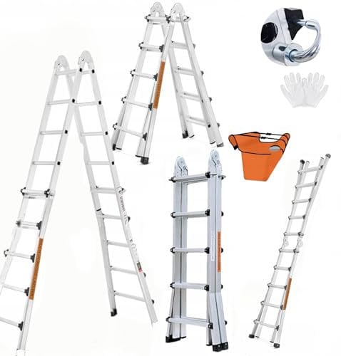 Hooha Scala telescopica 3,9 m/5 m, 3 in 1, con borsa degli attrezzi e guanti, miglioramento dell'efficienza, scala in alluminio En131, per giardinaggio, pulizia, copertura (4 x 5)