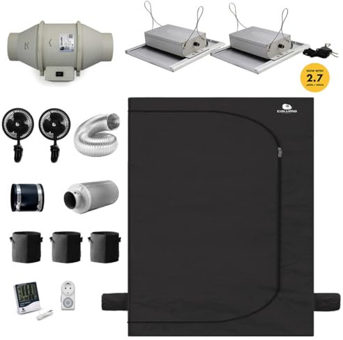 Green Spirit Growzelt Komplettset 60x120x180 cm - 2x75W LED Grow Lampe dimmbar, Classic L 150, für 3 Pflanzen, Belüftungssystem, Hygrometer, Stofftöpfe - Grow Komplett Set Zelt Schrank Box Wachstum