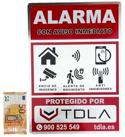 CARTEL ALARMA DISUASORIO - EL MAS GRANDE. 43x31cm. MAYOR QUE UN DINa3. ESTE SI SE VE EN UNA FACHADA GRANDE GARANTIA SATISFACCION, CARTEL REAL de EMPRESA VENTA ALARMAS AJAX ALUMINIO.