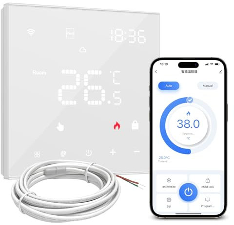 Thermostat Für Elektrische Fußbodenheizung, Smart WiFi Programmierbar Raumthermostat Unterstützen Alexa, Google Home Sprachsteuerung und Smart Life App Fernbedienung (16A, 3600Wat, 2.4GHz-WiFi)