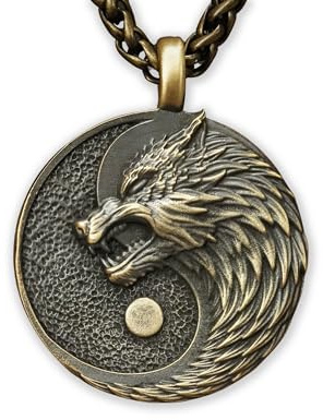 Baldur Jewelry Wikinger-Wölfe Yin-Yang-Kette aus Messing | Zwei Wölfe bilden ein Yin-Yang-Symbol; Messinganhänger im Runenstil mit 56 cm langer Kette für Damen und Herren.