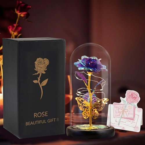 Yootiko Geschenke für Frauen,Ewige Rose im GlasMuttertagsgeschenke für Mama,Infinity Rosen Geschenk Freundin Geburtstag Schöne und das Biest Rose mit LED Licht,Sparkly Galaxy Rose in Glaskuppel