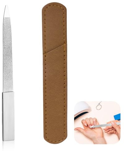 Tipo V Lima de Uñas Profesional de Acero Inoxidable de Doble Cara con Mango Antideslizante y Funda de Cuero, Lima Puntiaguda Lavable, Herramienta de Manicura Metálica, para dedos y dedos de los pies