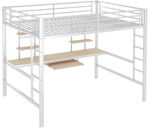Cama Alta de 140 x 200 cm con Escritorio, 4 estantes para Libros, Bandeja para Teclado y 2 escaleras Laterales, Cama Doble, para Adolescentes y Adultos, de Metal, Color Blanco