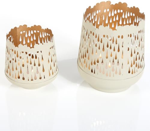 Teelichthalter Metall 2er-Set Windlicht Tropfendes Lichtmuster Tisch-Dekoration Shabby Chic Dekoration Skandi Creme-Weiß Geschenkidee Tino 71223-2
