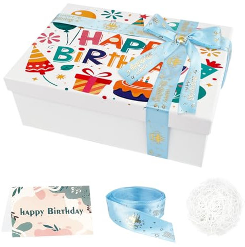 Geschenkbox Mit Deckel Geburtstag Kinder, Happy Birthday Geschenkkarton Mit Deckel, Gift Box Empty 25 x 18 x 8,5cm Geschenkboxen Geschenkboxen Mit Deckel mit Schleife, Grußkarte, Geschreddertes Papier