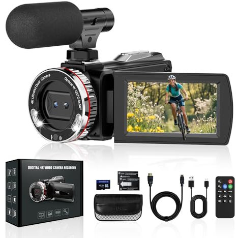 4K 60FPS Video Camera Camcorder with HDMI cable, 48MP Vlogging Camera for YouTube, 21X Zoom Digital Camera, Dual Lens Camera Recorder, Rotatable Screen Video Recorder with Mic, 2 Batteries &64GB Card