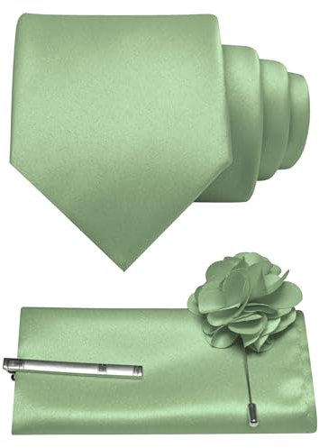 JEMYGINS Cravate formelle de couleur unie et carré de poche avec pince à cravate pour homme pour affaires et mariage 4 pièces, vert sauge, taille unique