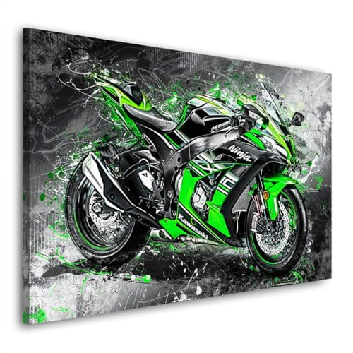 Kunstgestalten24 | Kawasaki ZX10 Motorrad Abstrakt Wandbild | Leinwand-bild mit Echtholz-Keilrahmen | Leinwand Gemälde Kunst Art | Hochwertige Kunstdrucke | XXL Bilder | 60x40cm mit 2cm Rahmentiefe