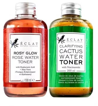 E-c-l-a-t Rose Water & Cactus Water Toner Set, Hydrates, Soothes Inflammation, Vitamins and Antioxidants, Removes Impurities and Shrinks Pores, 200ml