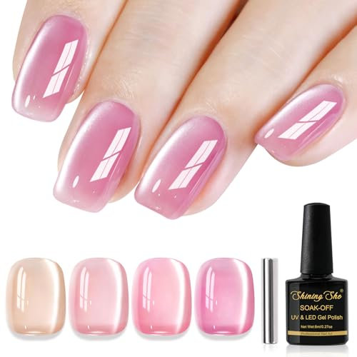 Shining She Smalto Semipermanente Unghie Magnetico,4 Colori Jelly Vetro Cristallo Serie Rosa Cat Eye Gel Polish,Primavera Estate Smalto Gel Unghie UV per Nail Salon Studio, 8ML