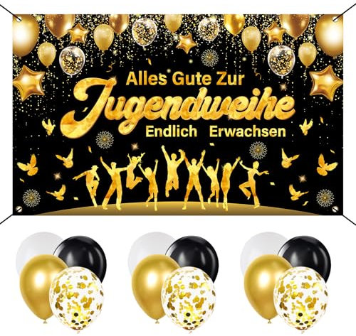180x110cm Jugendweihe Deko, Alles Gute zur Jugendweihe Banner, Gold Schwarz Konfirmation Deko Banner, Endlich Erwachsen Hängedeko Party, mit 12 Luftballons für Jungen und Mädchen Erwachsen Dekoration