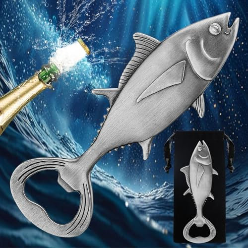 LKKCHER Tuna Beer Bottle Opener, Fishing Gifts for Fisherman, Tuna Fish Decoration, Birthday Fathers Day Christmas Gifts for Men Women Dad Fisherman, Silver Beer Accessories with Bag