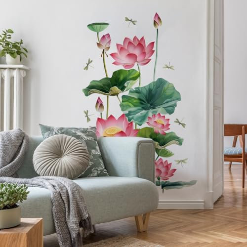 Rosa Lotusblüte Wandtattoo, großer floraler Wandaufkleber mit Libellen, 70 x 47 cm, abziehen und aufkleben, abnehmbar