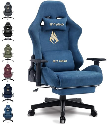 Symino Chaise Gaming Ergonomique et Fauteuil Gamer avec Repose-Pieds Télescopique Coussin à Ressorts, Support Lombaire et Hauteur Réglable 200kg (Faux Daim, Bleu)