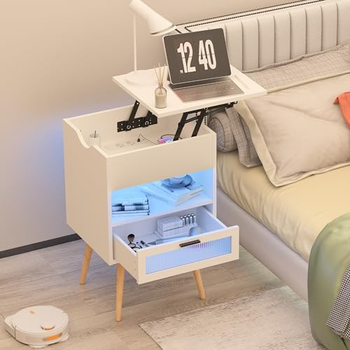 Adjustable Bedside Table with Reversible Lift Tray and Charging Station 20 Color Options 1 Drawer 45x39x70 87CM