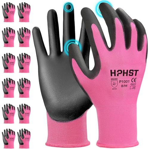 HPHST PU Besichtet Arbeitshandschuhe, 12 Paar Arbeit Handschuhe für Herren und Damen Rutschfeste Montagehandschuhe Gartenhandschuhe mit PU-Beschichtung für Bauarbeiter Mechaniker, Rosa (Medium)