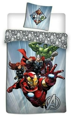 Marvel Avengers Bettwäsche 135x200 – 2-teiliges Kinderbettwäsche Set mit Superhelden Motiv – Mikrofaser – Iron Man Hulk Thor Captain America – Kissen 63x63 cm