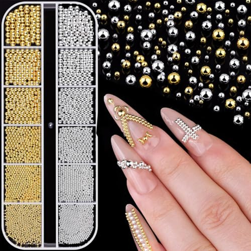 ZORVYN 1 box Goldene Silber Mini Kaviar Strasssteine, Nailart Perlen Micro Kaviar für Nägel, Weiß Beige Mini Nägel Perlen Mikroperlen Dekor für Nägel,Nail Charms