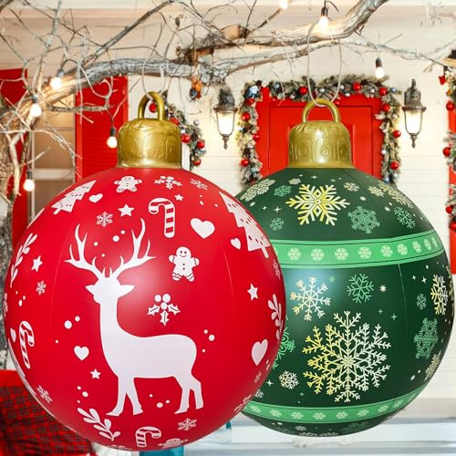 Aufblasbare Weihnachtskugeln, 60 cm, 2 Stück, Weihnachtsdekoration für Außen mit Seil, Rot und Grün