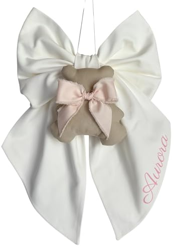 Fiocco nascita Teddy personalizzato con nome bambino/bambina fatto a mano in Italia (Bianco - teddy rosa)