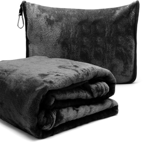 2 in 1 Reisedecke & Reisekissen mit Reißverschluss, Multifunktionales Kissen, Weiche & Warme Flugzeugdecke Kuscheldecke Kopfkissenbezug Kompakte Decke für Flugzeug, Auto, Büro,127x152cm (Schwarz B)