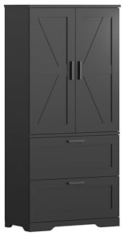 2 Doors & 2 Drawers Storage Cabinet, Wooden Kitchen Cupboard Collection Food Pantry Cabinet with 2 Adjustable Shelves Freestanding Sideboard Organizer Unit for Dining Living Room (Black)