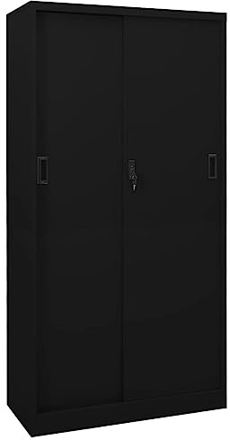 Büroschrank mit Schiebetür, Schwarz, 90x40x180 cm, robuster Stahl Aktenschrank, 4 verstellbare Regale, abschließbarer Stauraum für Büro und Zuhause