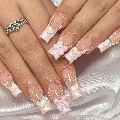 24pcs Long Coffin False Nails - French Nude Pink Stick on Nails - Press on Nails with Pink Heart Bow with Rhinestone Removable Glue-on Nails - Acrylic Full Cover Fake Nails Women Girls