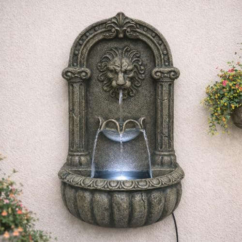 Festive Lights - 55cm Black Lion Stone Effect Wall Mounted Hybrid Water Feature with Solar, USB & Plug In Power - LED Lit Polyresin Cascading Fountain, Multi Timer Functions, Indoor & Outdoor Use