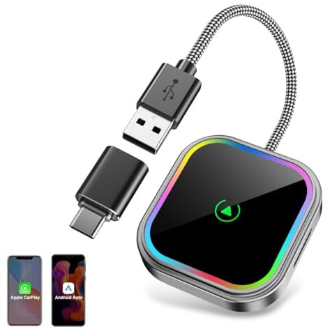 ESSGOO Mini Wireless Adapter for Apple CarPlay/Android Auto, 2-in-1 Wireless Bluetooth CarPlay Adapter with USB A/C, Compatible with iOS 10+ and Android 11+, RGB Voice Control, Plug and Play