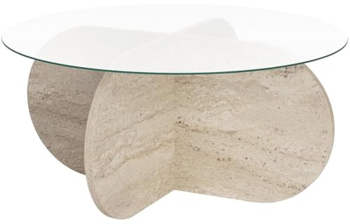 HOMIFAB Table Basse Ronde Effet Travertin et Verre Ø75 cm - Eolia