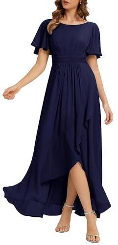 Ever-Pretty Women's Chiffon Bridesmaid Dress with Romantic Flutter Sleeve Ruched Waist High-Low Maxi Dress for Prom Wedding Guest 02708