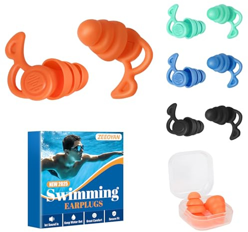 Bouchon Oreille Piscine Adultes, 4 Paires bouchon d'oreille piscine de natation en Silicone Réutilisables et Imperméables Pour la douche, la natation, le surf (Orange)