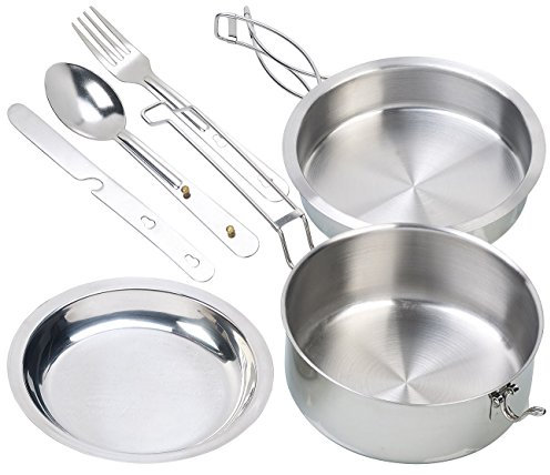 Semptec Urban Survival Technology Camping Topf: 6-teiliges Edelstahl-Camping-Kochgeschirr-Set mit Besteck (Kochset, Topf Edelstahl, Spirituskocher)