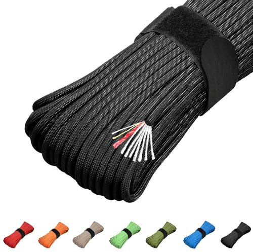 Power Paracord mutifuctional firecord 100' Paracord 550 Parachute Cord with Tinder Fire Starter Fishing Line Cotton Thread Outdoor Military Grade (Black, 100)