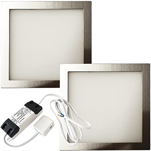 2 Pack | LED Under Cabinet Square Panel Spot Light & Driver Kit | Brushed Nickel & Natural White | Kitchen Diffused Slim Down Light | Worktop Countertop Unit Lighting | Modern Recessed Flush Mounted