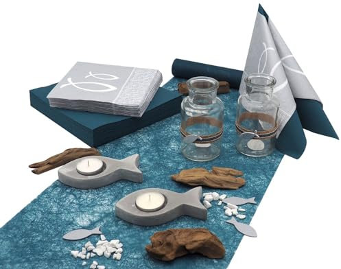 ZauberDeko Tischdeko Kommunion Konfirmation Petrol Blau Grau Beton Fisch Set 20 Personen