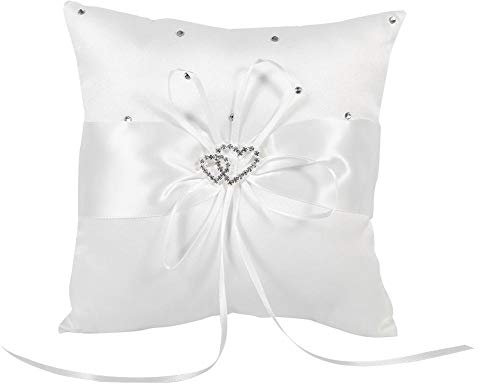 Coussin Oreiller avec Décoration de Strass Nœud Papillon Double Coeur Ruban Coussin Alliances Mariage Oreiller pour Anneau de Mariage Décoratif Romantique Cérémonie Mariage 20x20cm(blanc)