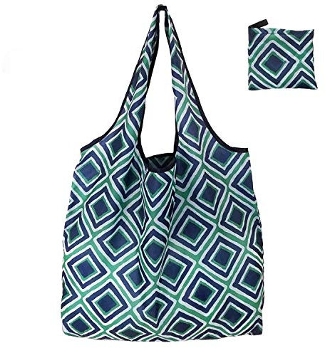 Extra Large Reusable Foldable Ladies Shopping Bag Eco Tote Handbag Fold Away Shopper Bag UK (Green Geometric Square)