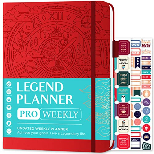 Legend Planner PRO Weekly & Monthly, Large Undated, 18x25.5, Red | Goal & time management, to-do list, daily habit tracker, stickers, 120gsm paper, for women, men & enterpreneurs