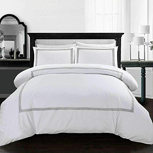 My home store Embroidered White Super King Duvet Cover Set - Hotel Quality 200TC Bedding Set Soft Breathable 100% Poly Cotton Quilt Cover with 2 Pillowcases