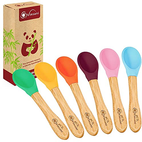 Vinsani Juego de 6 cucharas de bambú y silicona para bebés y niños pequeños, entrenamiento de autoalimentación, diseño ergonómico, hipoalergénico y sin BPA