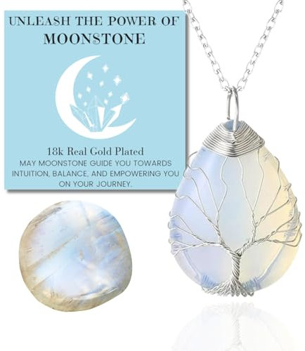HALUKAKAH Cristalli Pietre Curative Donna Collana Naturale Pietra di Luna Ottone Placcato in Platino Filo Fatto a mano Albero della Vita Sinuoso Forma di Goccia d'acqua 3×4cm Ciondolo,con Catena 50cm