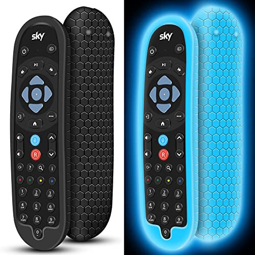 Schutzhülle für Sky Q Bluetooth-Fernbedienung EC201 EC202 2020, Silikon-Schutzhülle für Sky Q Fernbedienungshülle, Batterie-Schutz, Universal-Ersatzteil, Schwarz, leuchtendes Blau, 2 Stück