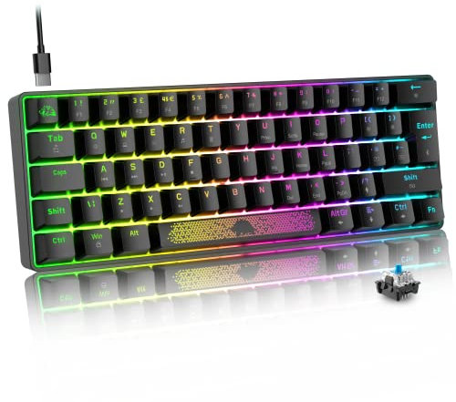 MAGIC-REFINER UK Layout 60% Mechanische Gaming-Tastatur, Blauer Schalter, Mini-62 Tasten, USB C, RGB Hintergrundbeleuchtungseffekte Rainbow LED-Licht, Kompatibel Mit Computer Rechner Win/Mac - Schwarz