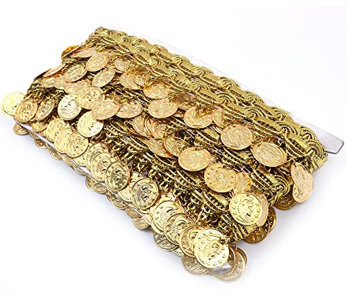 CENPEK 9,1 m Münzform Pailletten Quaste Trim 4,9 cm Breite Fransen Spitze Tanzkleid Gürtel Kette DIY Kleidung Band (Gold)