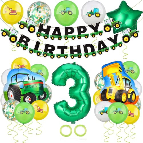 Popuppe Kindergeburtstag Deko, Geburtstagsdeko Jungen 3 Jahre, Kinder Geburtstag Party Dekoration Set Mit Traktor Luftballon, Bagger Luftballon, Happy Birthday Banner
